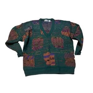 Vintage City Street Acrylic V-Neck Knit Sweater Green L